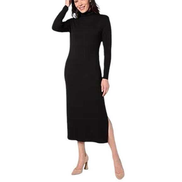 WOMEN WITH CONTROL NWOT Finespun Jersey Tummy Control Midi Dress Black Large - Picture 1 of 8